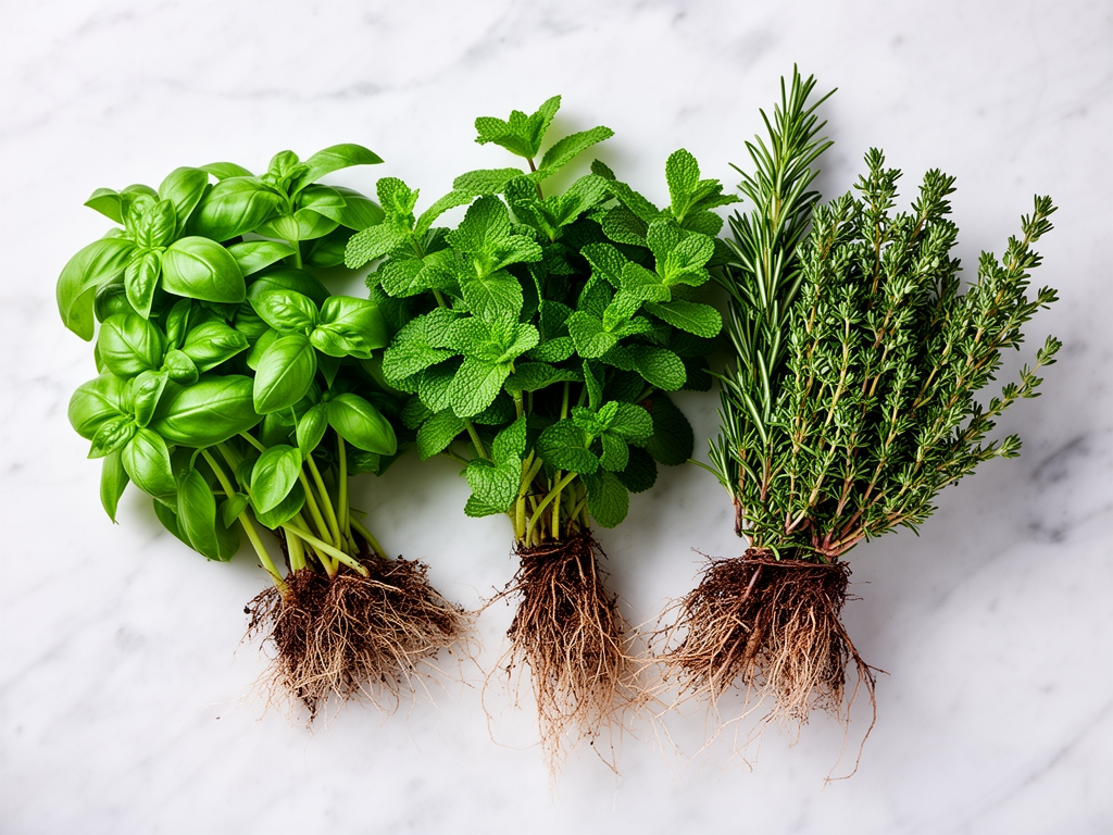 Collection de plantes aromatiques fraîches disposées en bouquets sur fond de marbre blanc : basilic, menthe, romarin et thym avec racines visibles