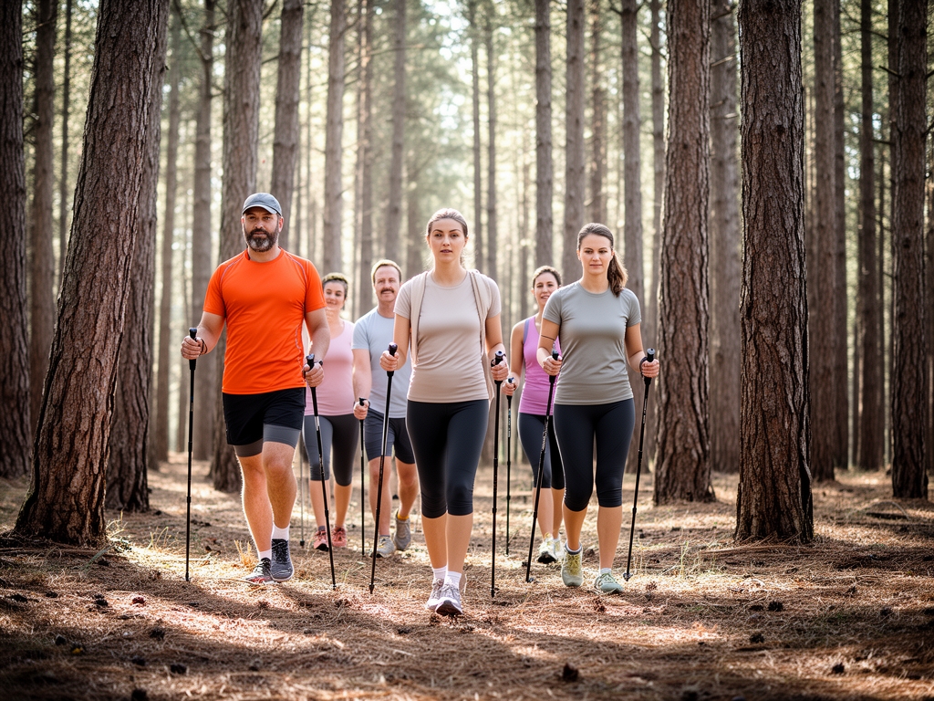 Groupe de personnes pratiquant la marche nordique en forêt de pins, lumière diffuse entre les arbres, équipement sportif neutre et décontracté
