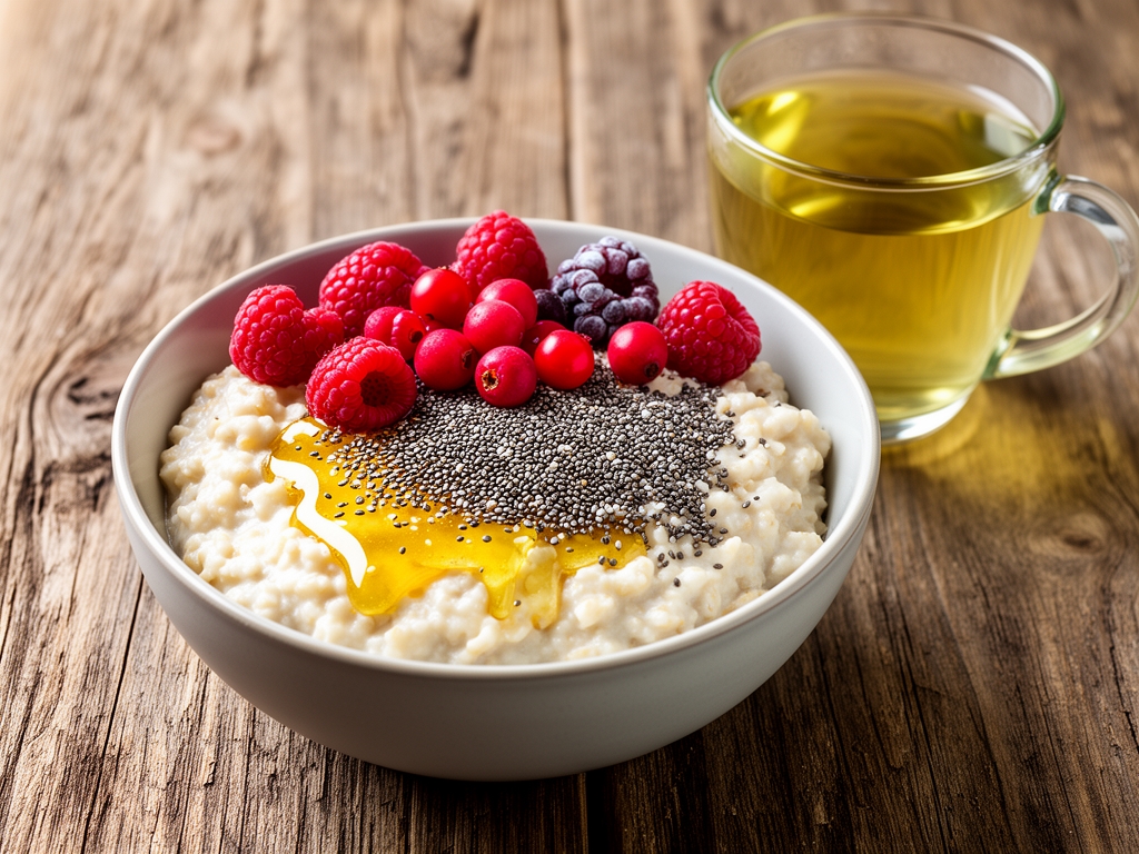 Petit-déjeuner sain avec bol de porridge garni de fruits rouges frais, miel doré et graines de chia sur une table rustique en bois, tasse de thé vert à côté