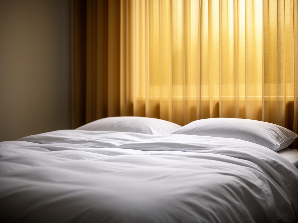 Chambre épurée et calme avec draps blancs impeccables, lumière tamisée dorée filtrant par un rideau translucide, atmosphère de repos profond et sérénité