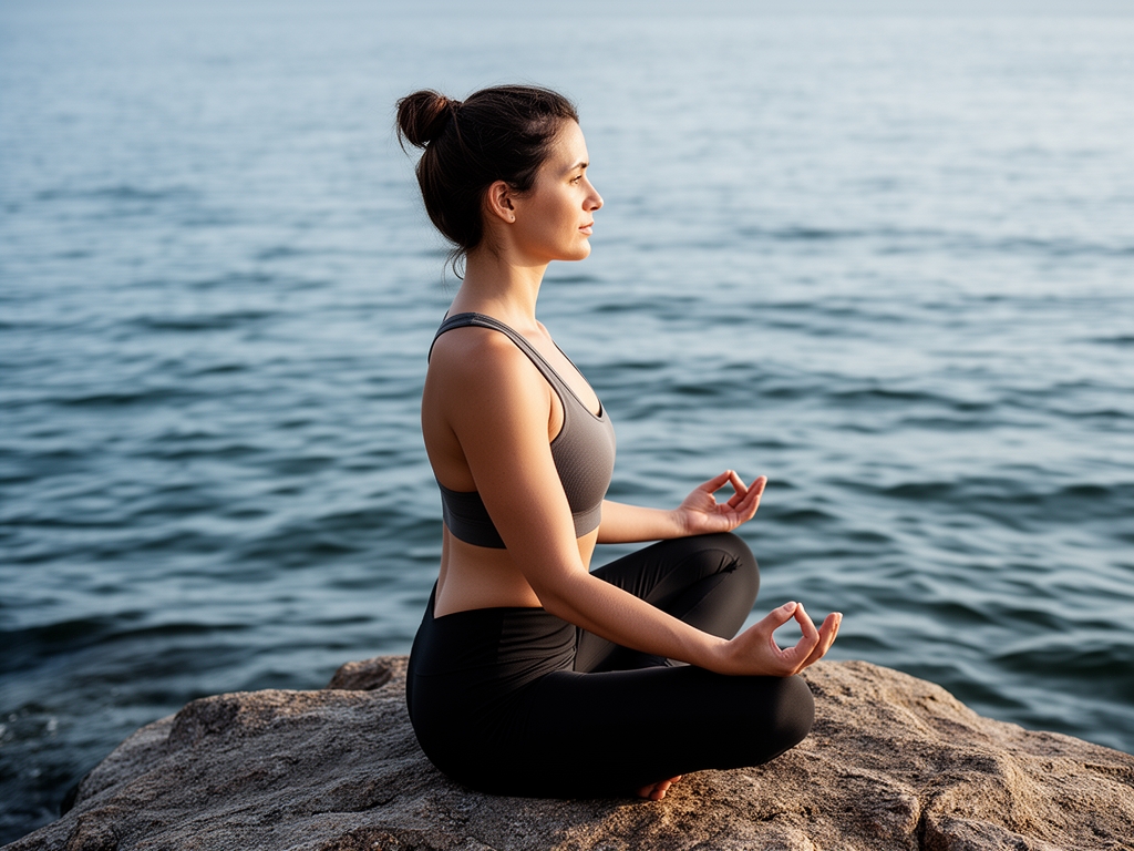 Personne méditant au bord d'un lac de montagne, reflet des montagnes enneigées sur l'eau calme, ciel bleu clair, atmosphère de plénitude naturelle
